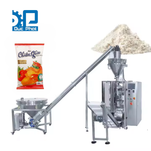 Máy đóng gói bột chiên giòn, chiên xù túi bụng máng có cổ áo (>200gam)