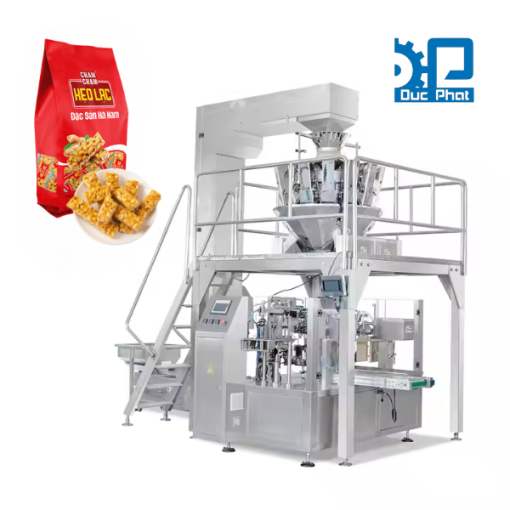 Máy đóng gói kẹo lạc túi có sẵn cân định lượng rotary cấp liệu tự động