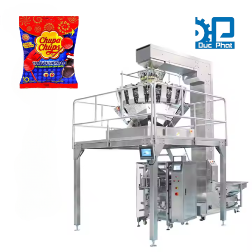 Máy đóng gói kẹo mút túi bụng máng cổ áo cân định lượng Rotary cấp liệu tự động