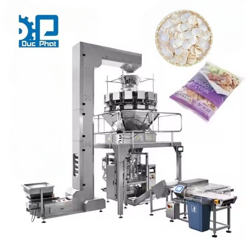 Máy đóng gói phồng tôm túi bụng cân Rotary cấp liệu tự động