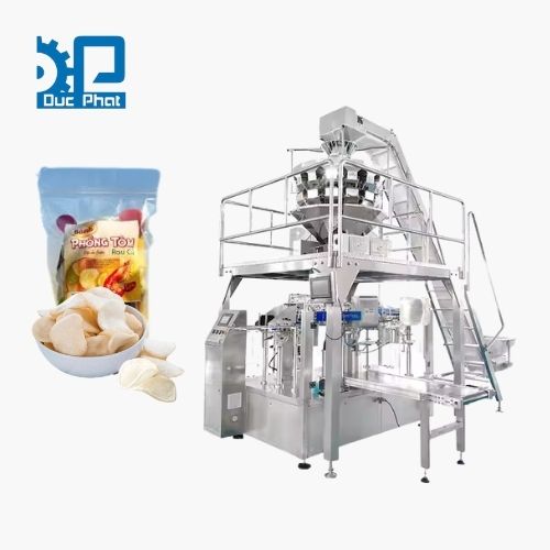 Máy đóng gói phồng tôm túi zip cân Rotary cấp liệu tự động